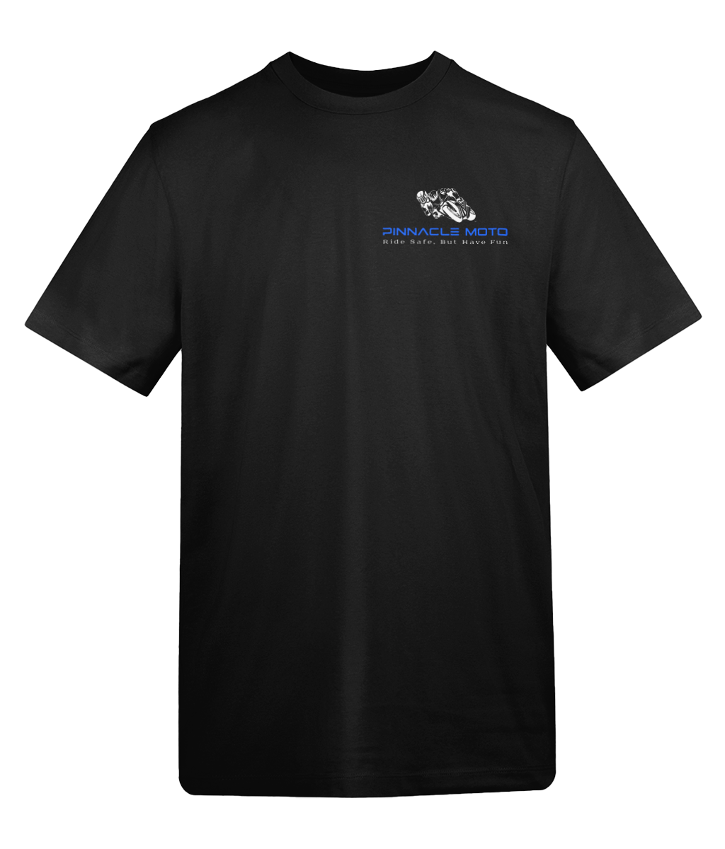 Pinnacle Moto Logo T-Shirt — Blue & White Print on Dark Colours